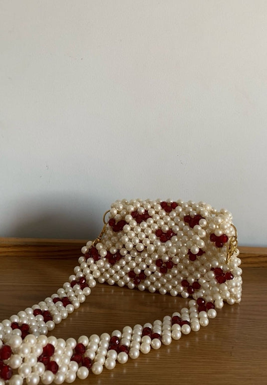 Off- white & Burgundy Beaded bag