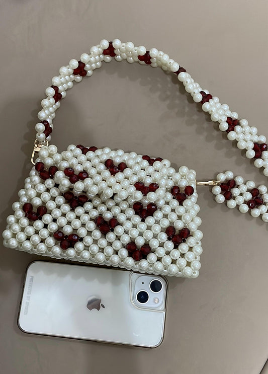 Off- white & Burgundy Beaded bag